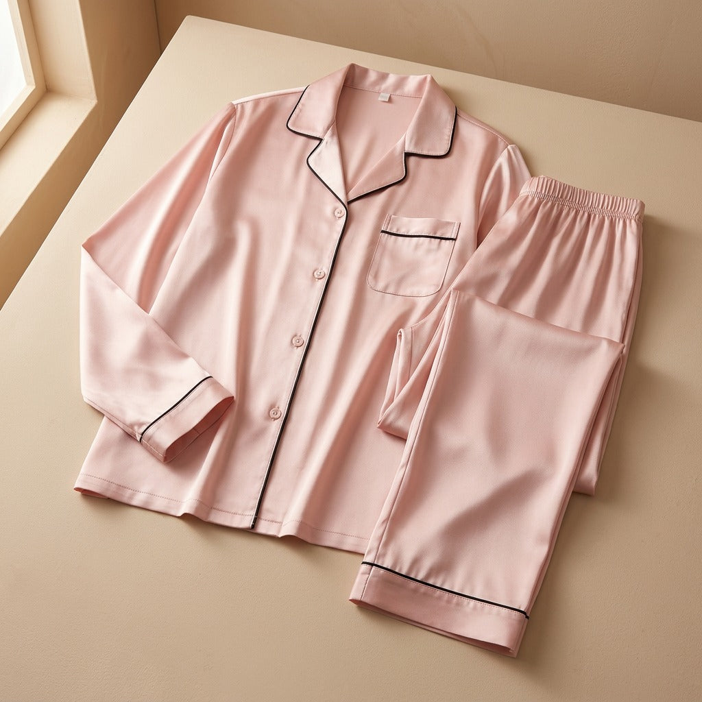 Silkduo™ Long Sleeve Ice Silk Couple Pajamas, material and detail close-up