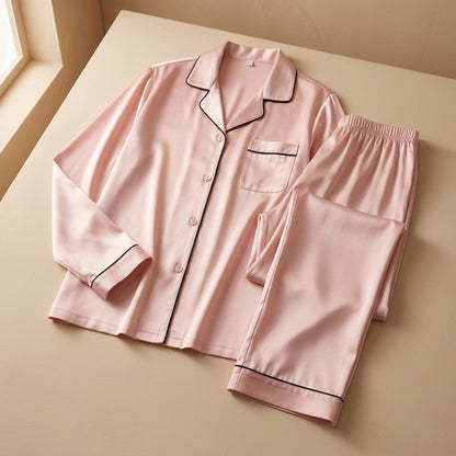 Silkduo™ Long Sleeve Ice Silk Couple Pajamas, material and detail close-up