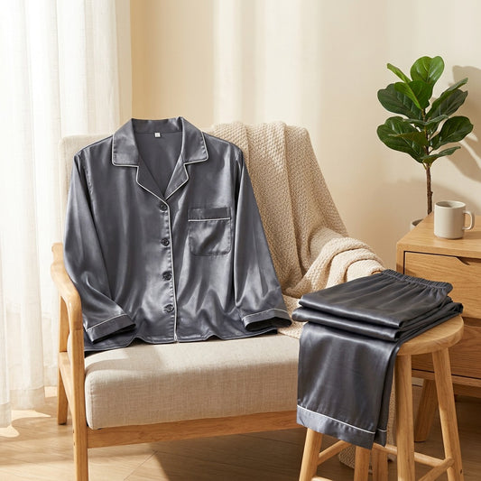 Silkduo™ Long Sleeve Ice Silk Couple Pajamas in a calm home setting