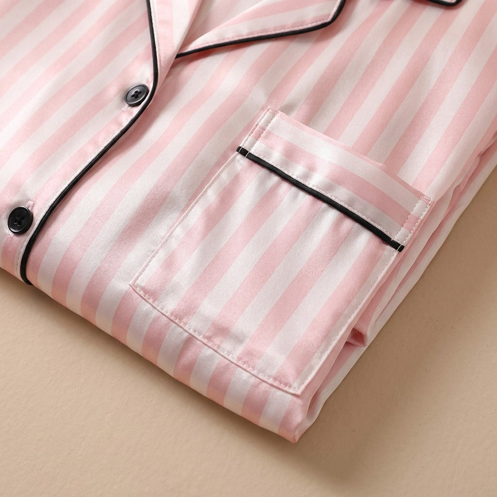 Stripedream™ Striped Polyester Satin Pajama Set, material and detail close-up