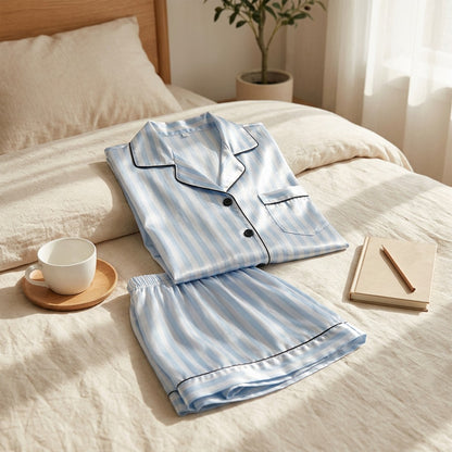 Stripedream™ Striped Polyester Satin Pajama Set, styled close view