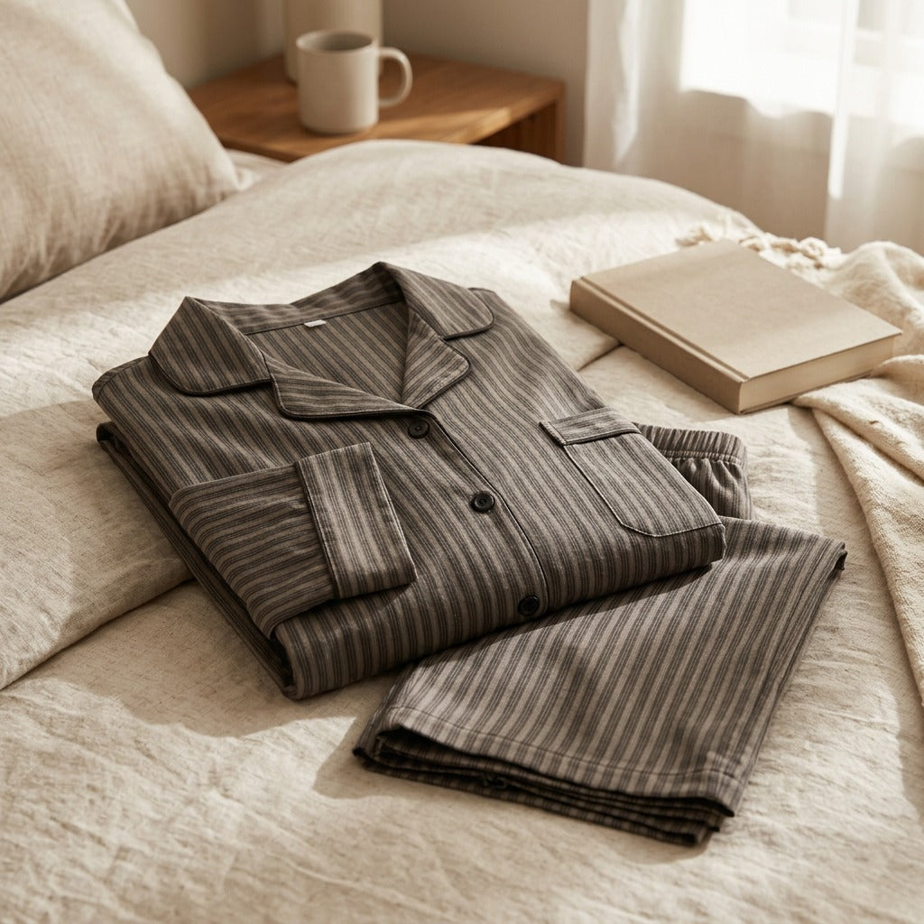 Stripeease™ Striped Polyester Pajama Set, styled close view