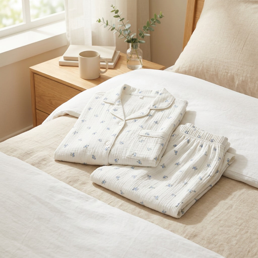 Cottonlull™ Pure Cotton Pajama Set in a calm home setting