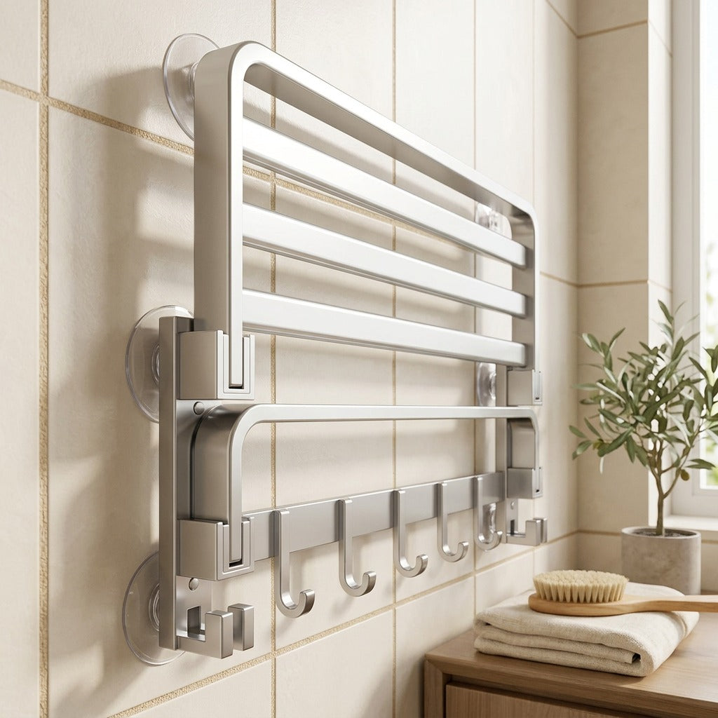 Suctionfold™ Suction Cup Folding Towel Rack in a calm home setting