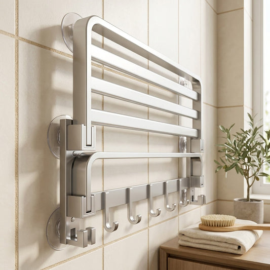 Suctionfold™ Suction Cup Folding Towel Rack in a calm home setting
