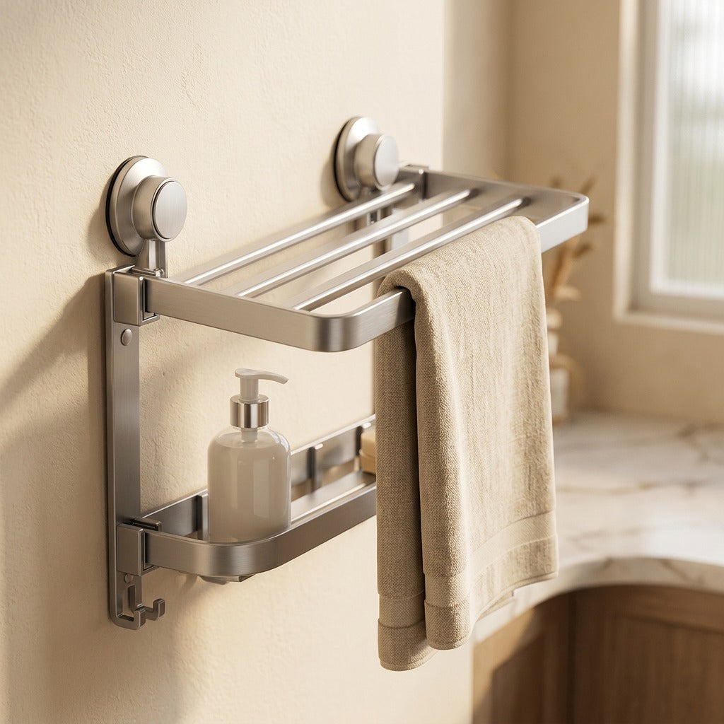 Suctionfold™ Suction Cup Folding Towel Rack, styled close view