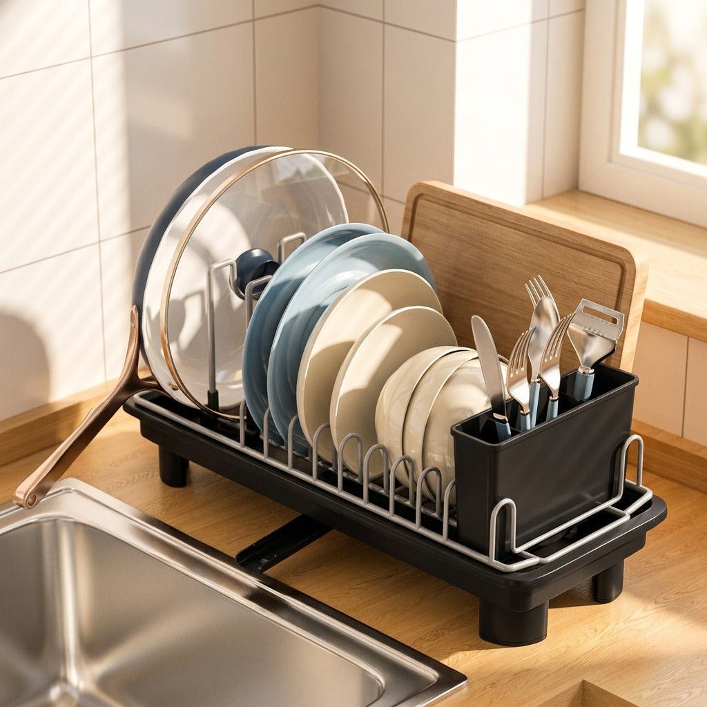 Dishdry™ Iron Kitchen Dish Drain Rack, styled close view