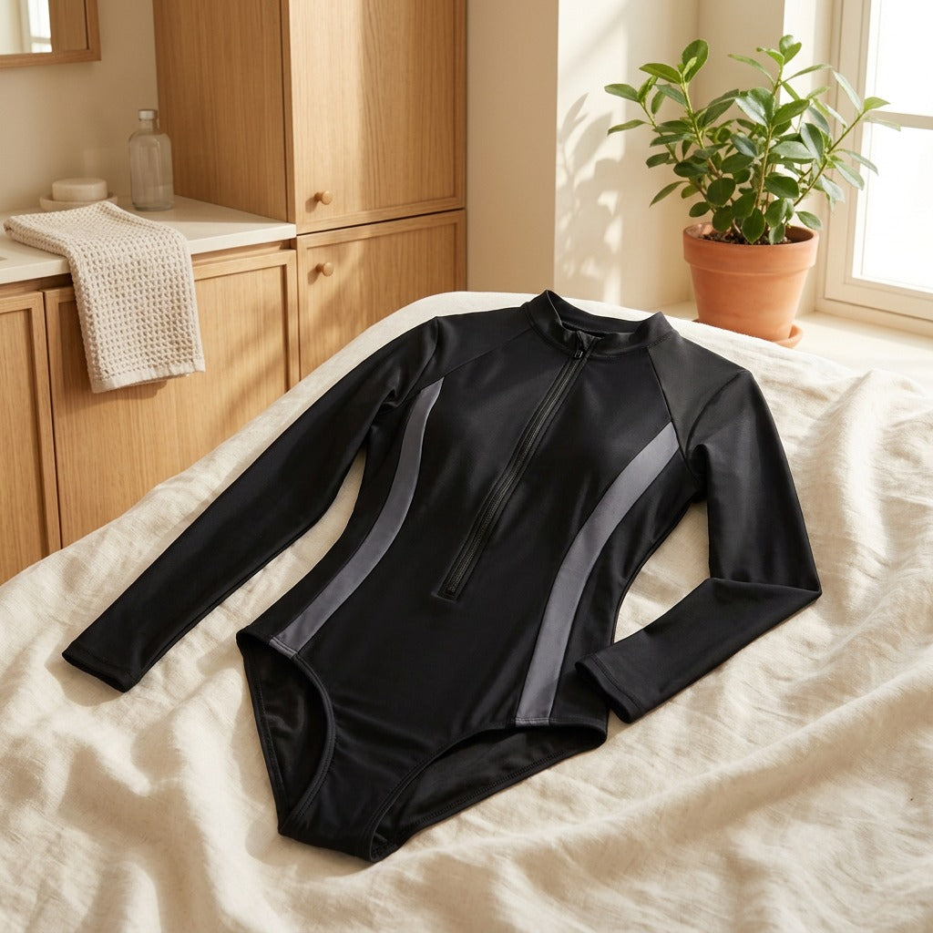 Swimwrap™ Polyester Long Sleeve One-Piece Swimsuit in a calm home setting