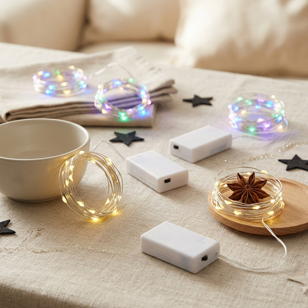 Wiretwinkle™ LED Copper Wire String Lights, styled close view