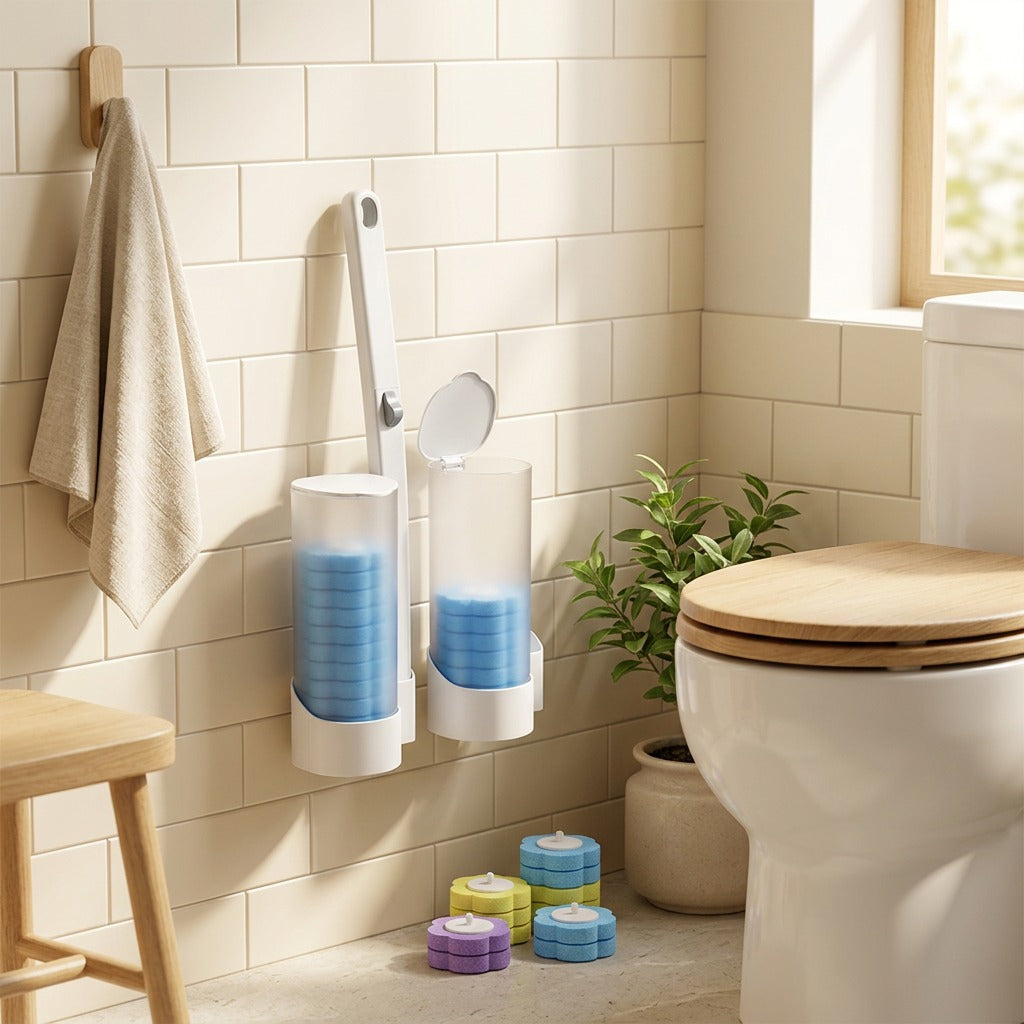 Hangclean™ Disposable Wall-Mounted Toilet Brush in a calm home setting