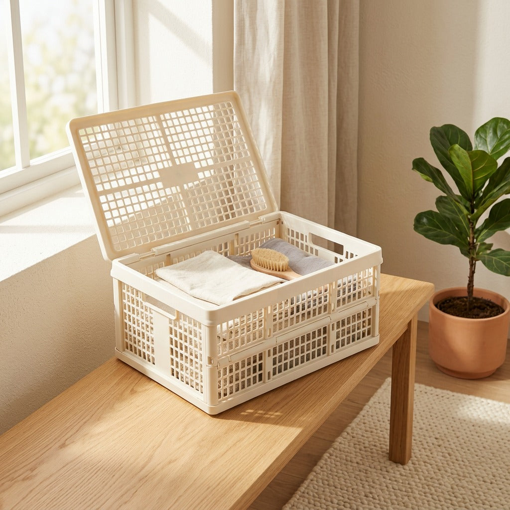 Foldbasket™ Plastic Folding Storage Basket in a calm home setting