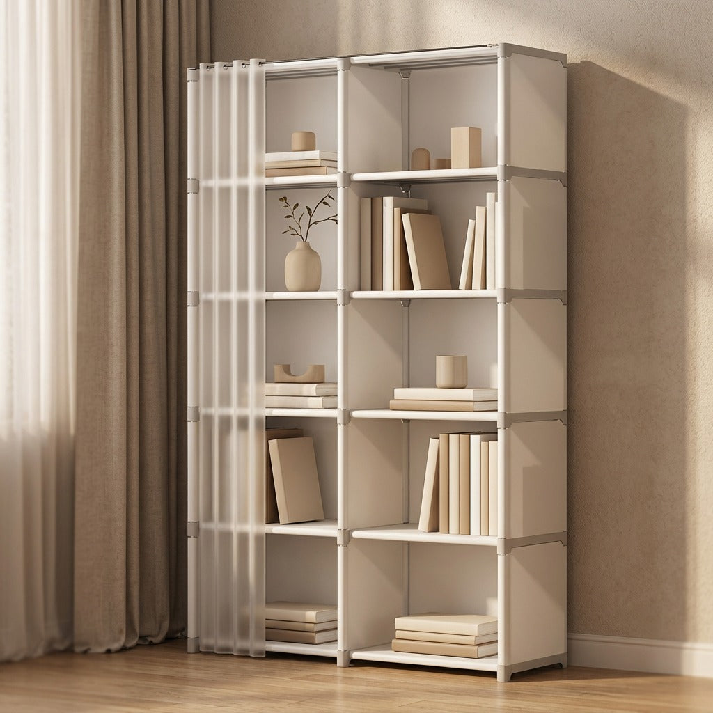 Shelfshade™ Dustproof Living Room Bookshelf, styled close view