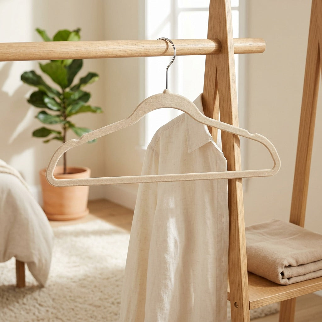 Velvethold™ ABS Flocked Hangers in a calm home setting