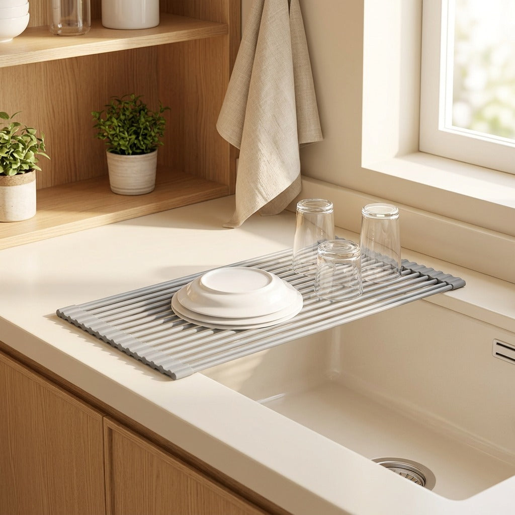 Sinkdrain™ Silicone Sink Draining Rack in a calm home setting