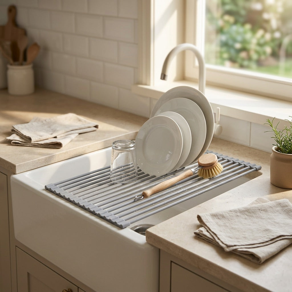 Sinkdrain™ Silicone Sink Draining Rack, styled close view