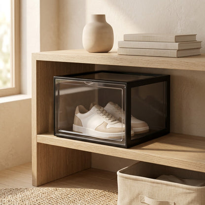 Shoecrate™ Plastic Shoe Storage Box, styled close view