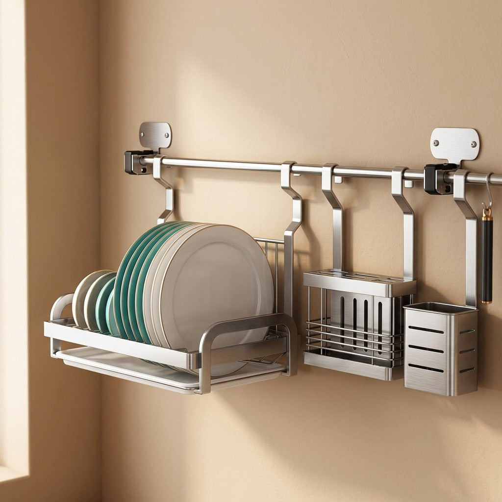 Panrail™ Wall-Mounted Stainless Steel Kitchen Rack, material and detail close-up