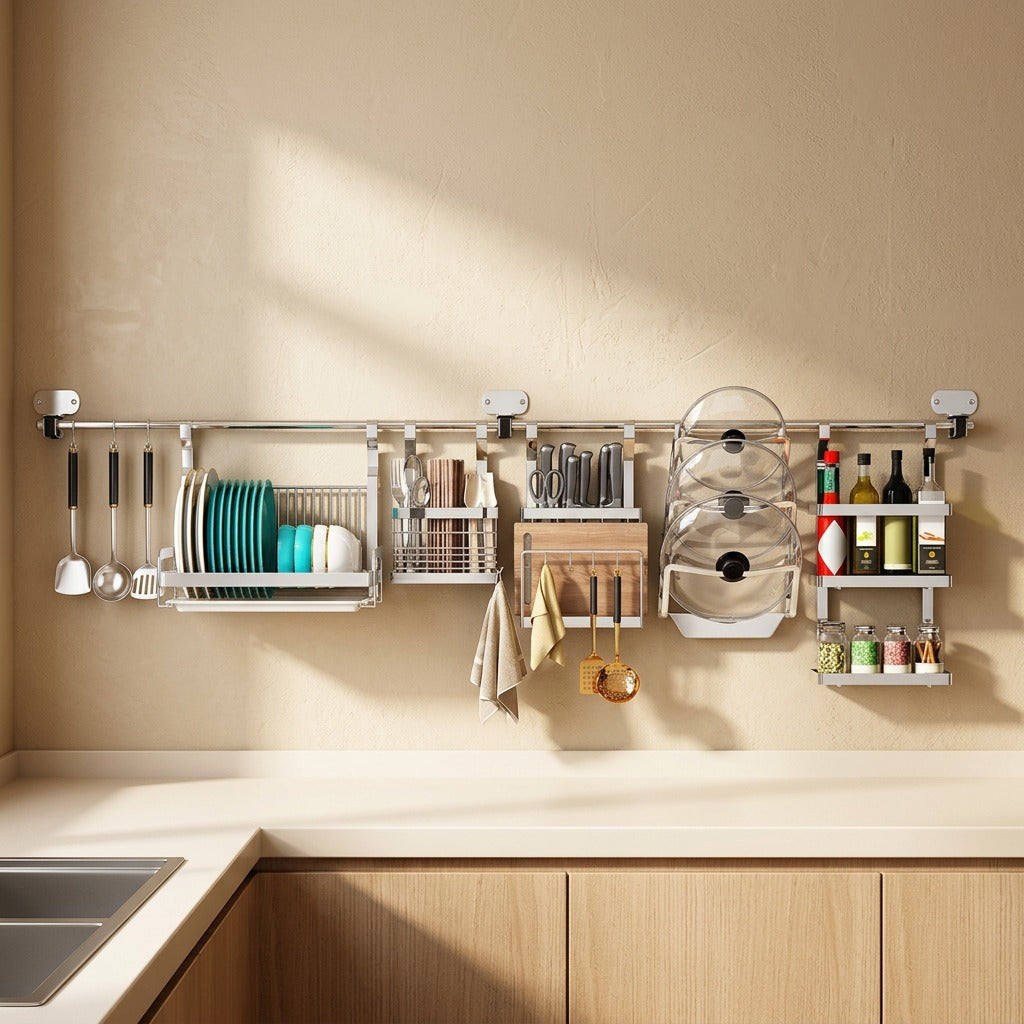 Panrail™ Wall-Mounted Stainless Steel Kitchen Rack in a calm home setting