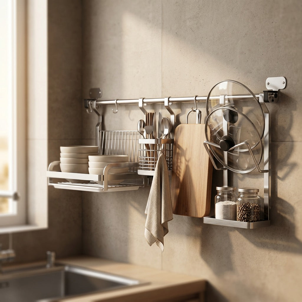Panrail™ Wall-Mounted Stainless Steel Kitchen Rack, styled close view
