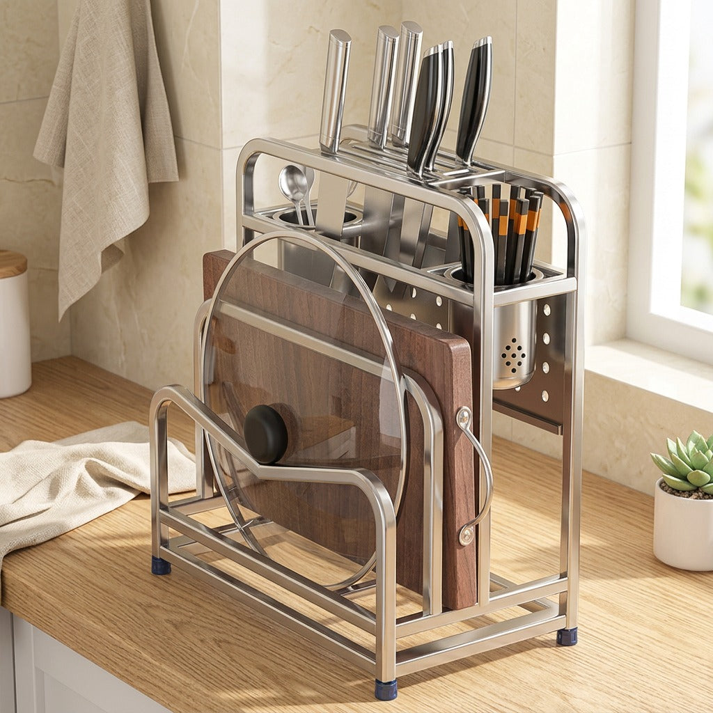 Chopledge™ Stainless Steel Knife And Board Rack in a calm home setting