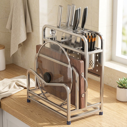 Chopledge™ Stainless Steel Knife And Board Rack in a calm home setting