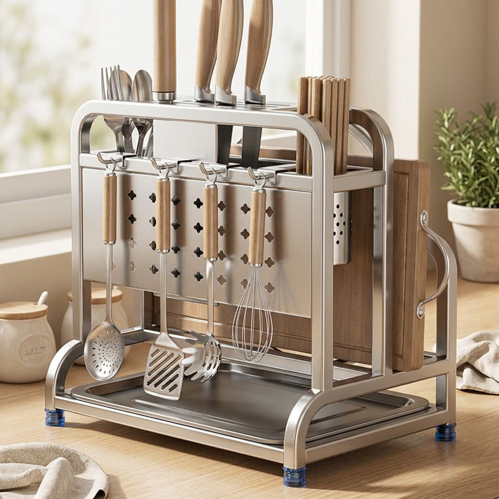 Chopledge™ Stainless Steel Knife And Board Rack, styled close view