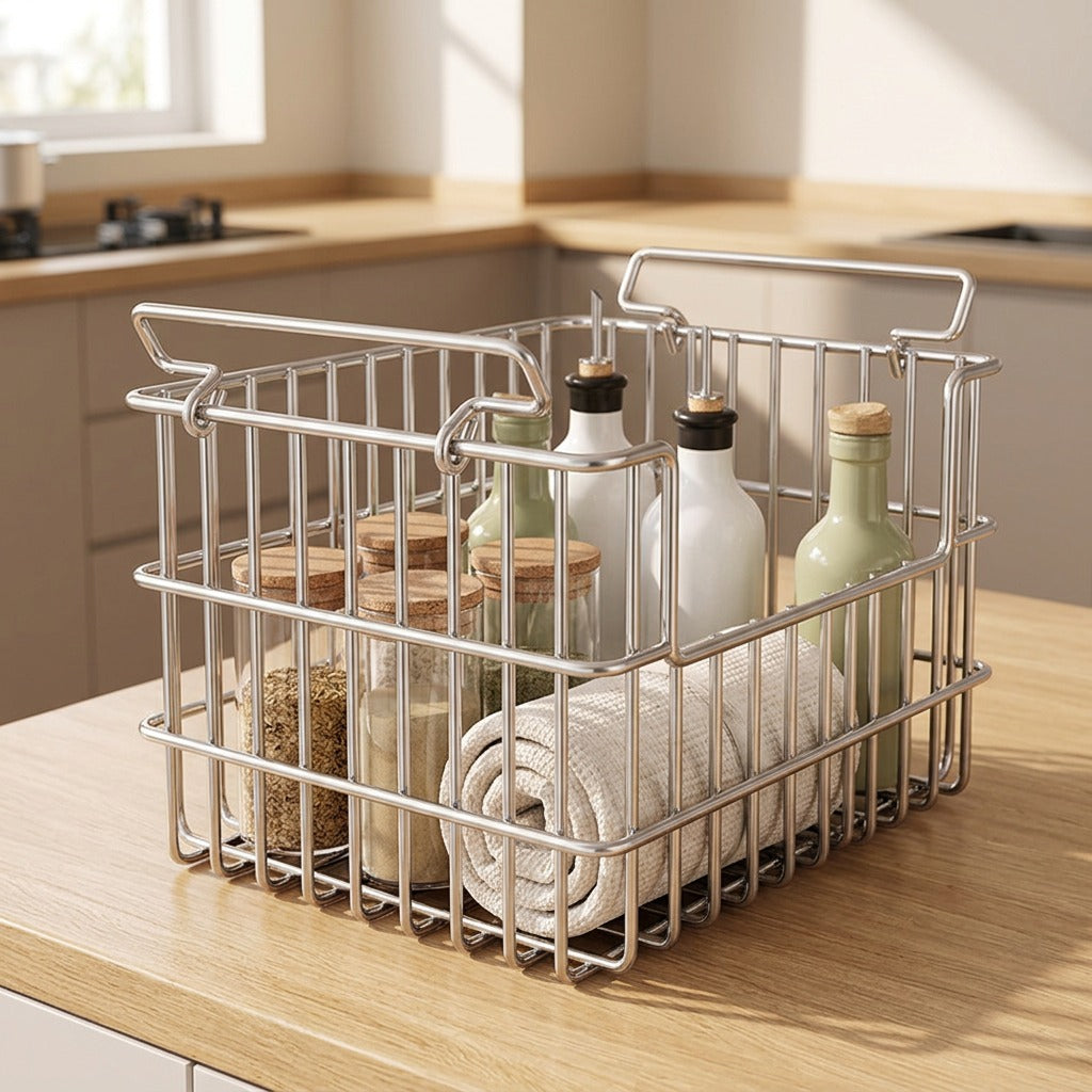 Steelbasket™ Stainless Steel Storage Basket, styled close view