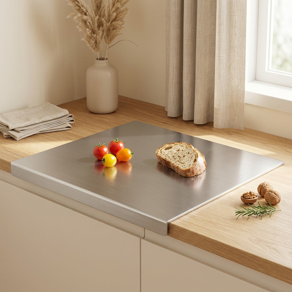 Steelgrain™ Stainless Steel Cutting Board in a calm home setting