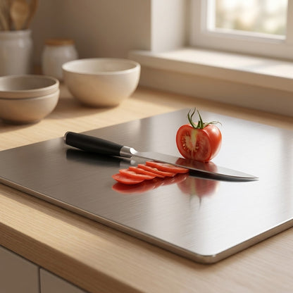 Steelgrain™ Stainless Steel Cutting Board, styled close view