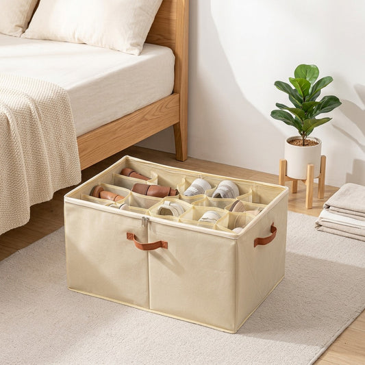 Softfold™ Foldable Fabric Shoe Storage Box in a calm home setting