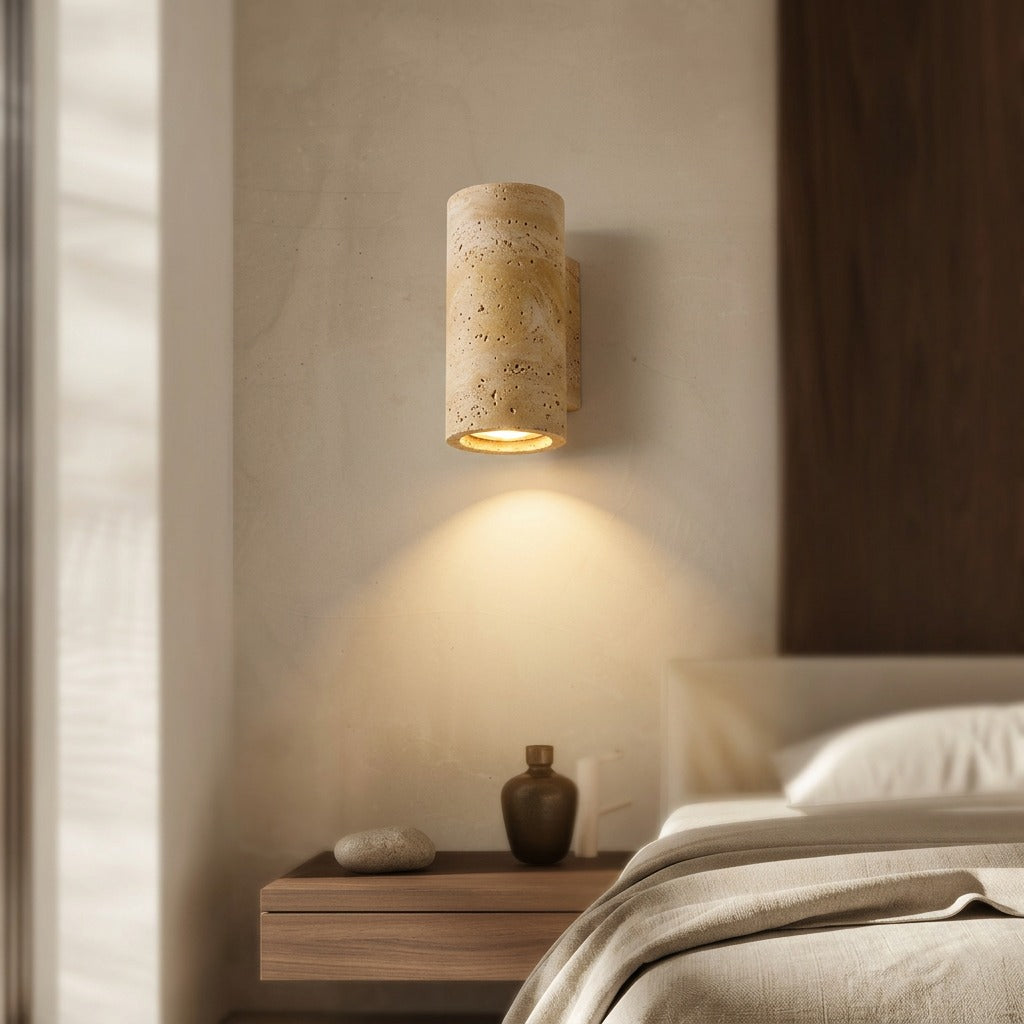 Stonebeam™ Yellow Travertine Wall Lamp, styled close view