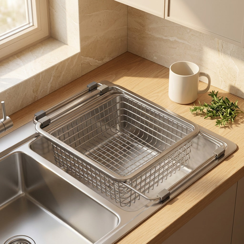 Steelscoop™ 304 Stainless Steel Sink Drain Basket in a calm home setting