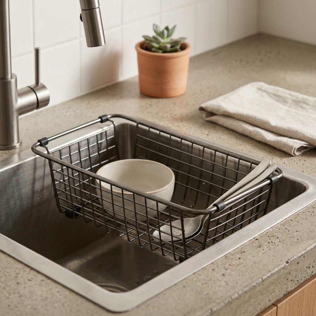 Steelscoop™ 304 Stainless Steel Sink Drain Basket, styled close view