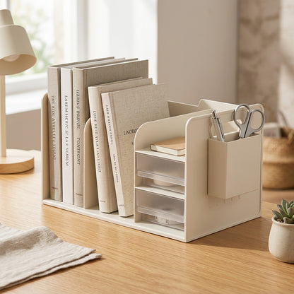 Drawercubby™ Plastic Desktop Storage Rack With Drawer in a calm home setting