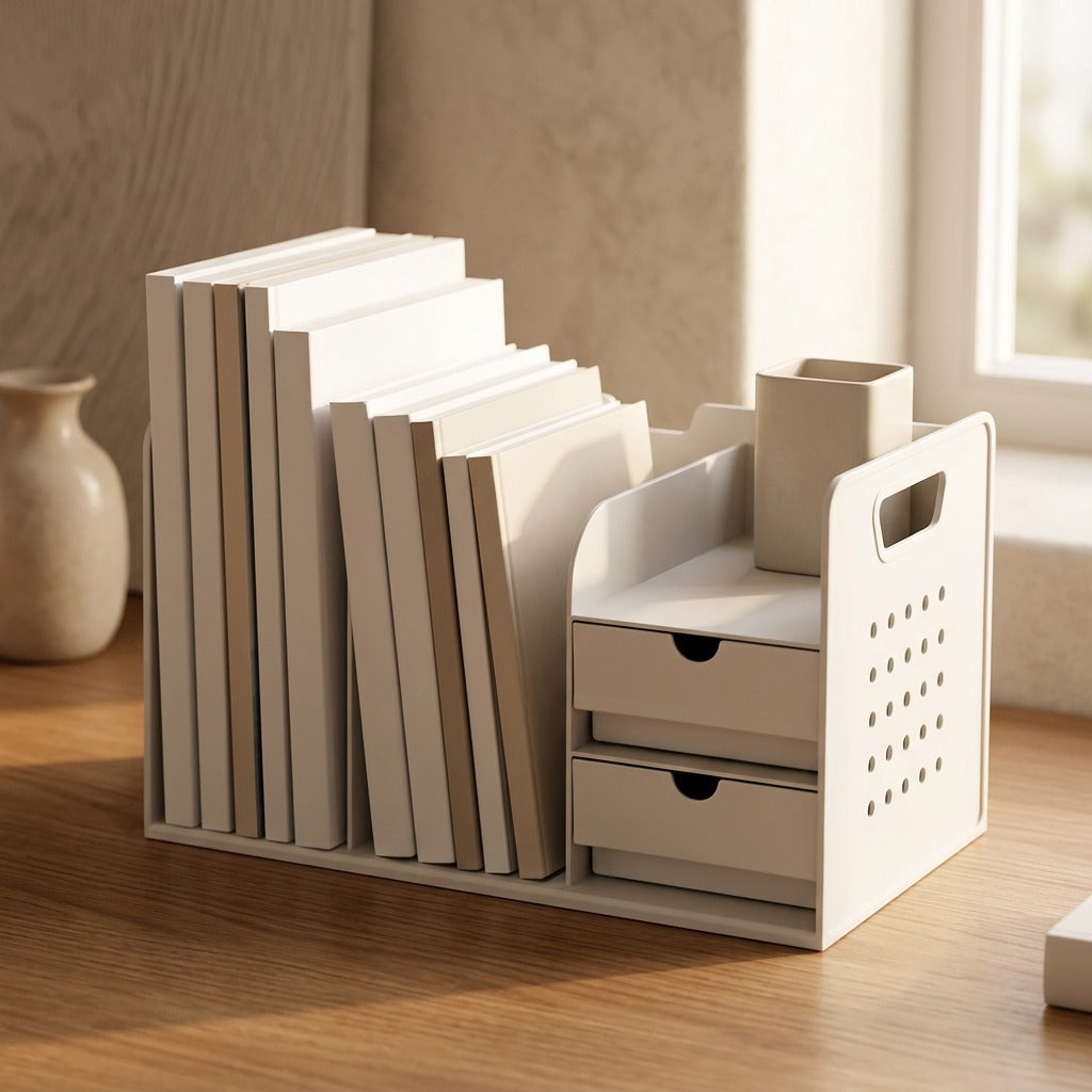 Drawercubby™ Plastic Desktop Storage Rack With Drawer, styled close view