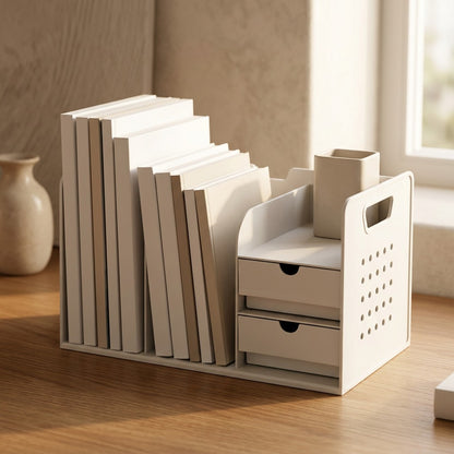 Drawercubby™ Plastic Desktop Storage Rack With Drawer, styled close view