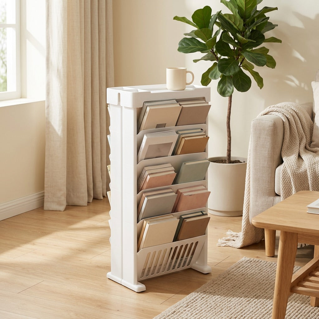 Bookhaven™ Plastic Book Storage Rack in a calm home setting