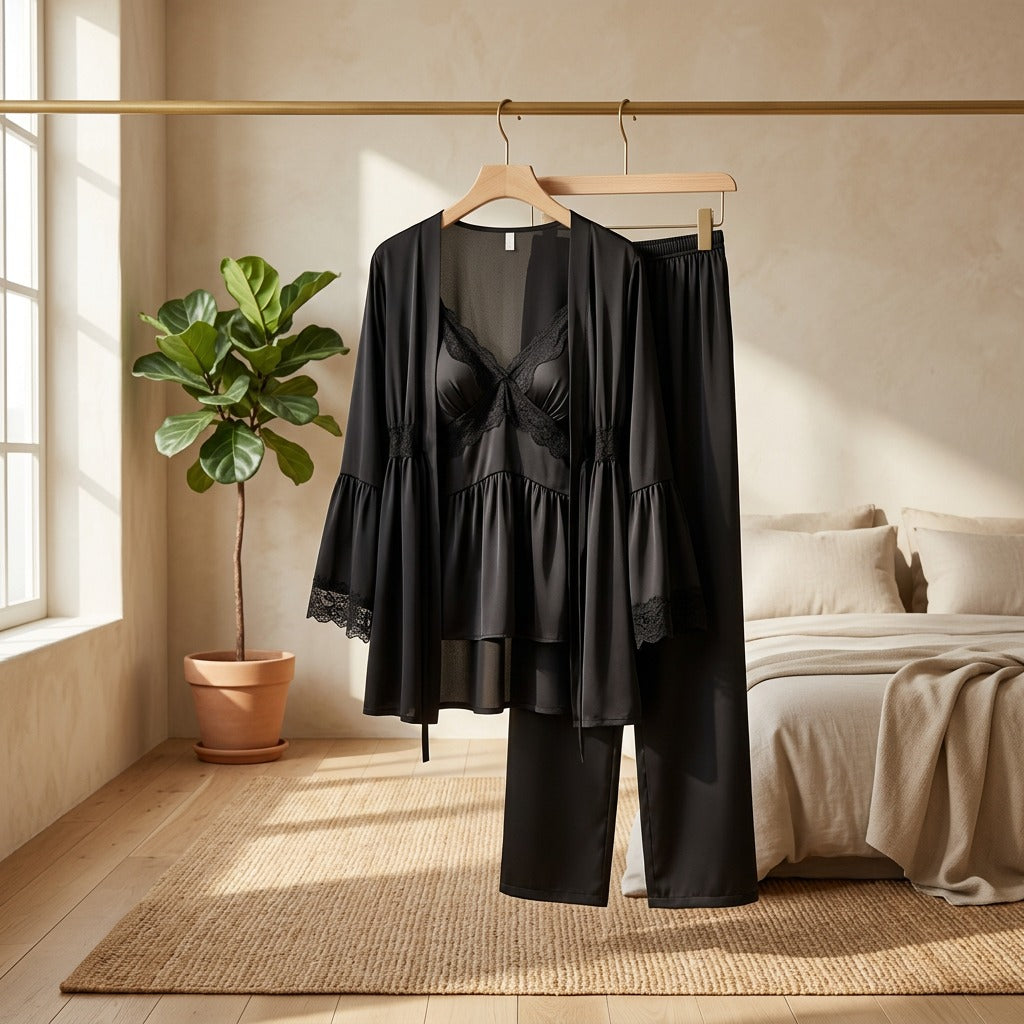 Chiffonlull™ Women's Chiffon Three-Piece Pajamas in a calm home setting