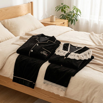Goldhush™ Gold Velvet Couple Pajama Set in a calm home setting