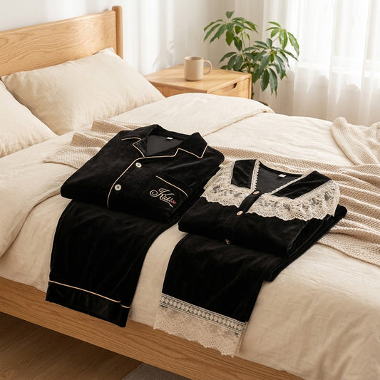 Goldhush™ Gold Velvet Couple Pajama Set in a calm home setting