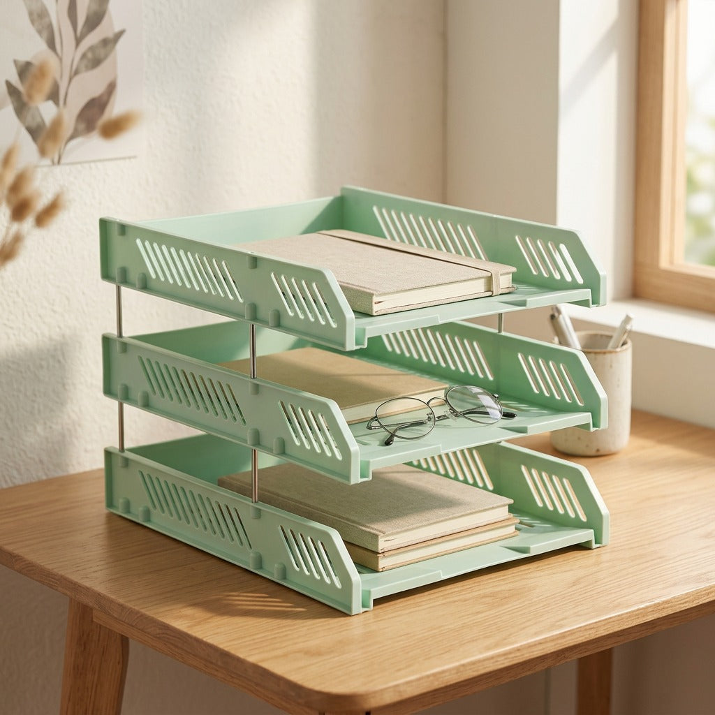 Fileperch™ Plastic Desktop File Tray Storage Rack, styled close view