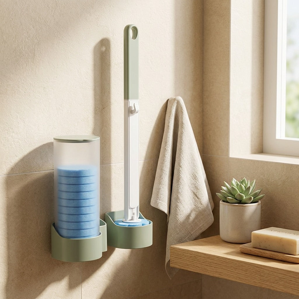 Brushsnap™ Disposable Wall-Mounted Toilet Brush in a calm home setting