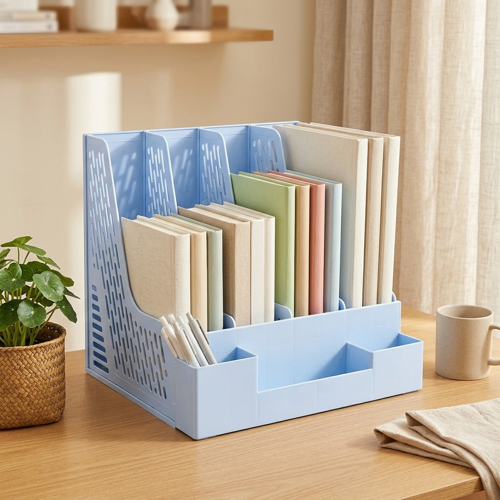 Bookstack™ Four-Column Plastic Desktop Bookshelf in a calm home setting