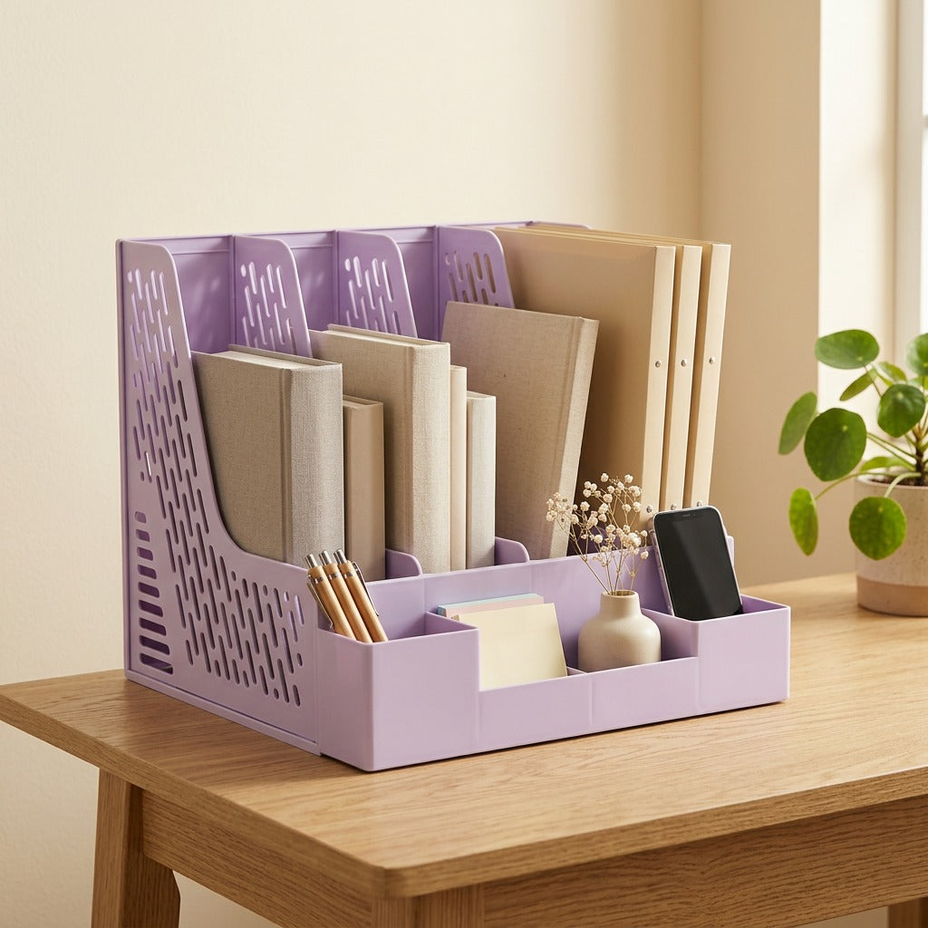 Bookstack™ Four-Column Plastic Desktop Bookshelf, styled close view