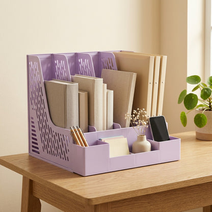 Bookstack™ Four-Column Plastic Desktop Bookshelf, styled close view