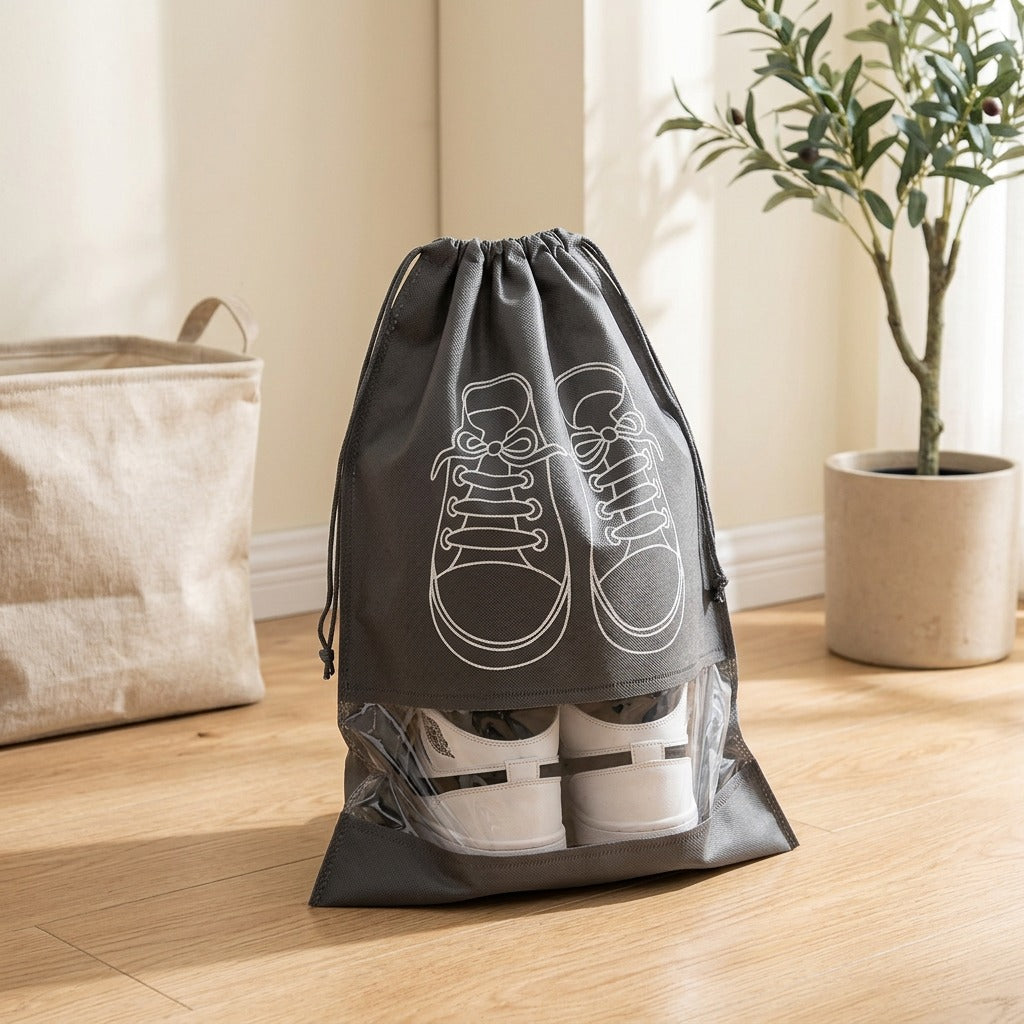 Shoepouch™ Non-Woven Shoe Storage Bag in a calm home setting