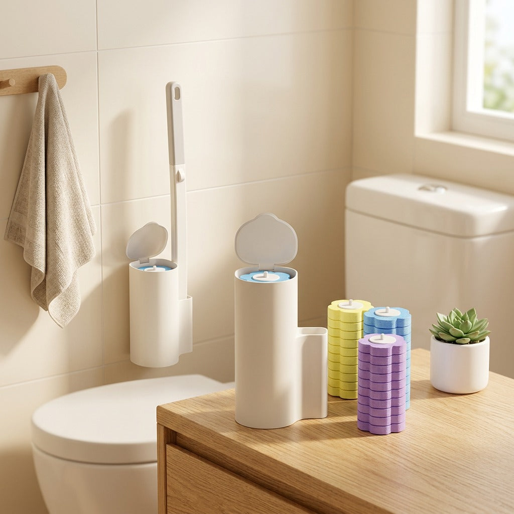Scrubswift™ Plastic Disposable Toilet Brush in a calm home setting