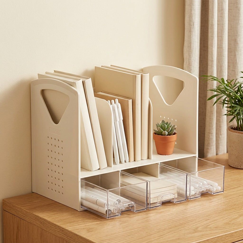 Bookdrawer™ Plastic Desktop Bookshelf With Drawer in a calm home setting