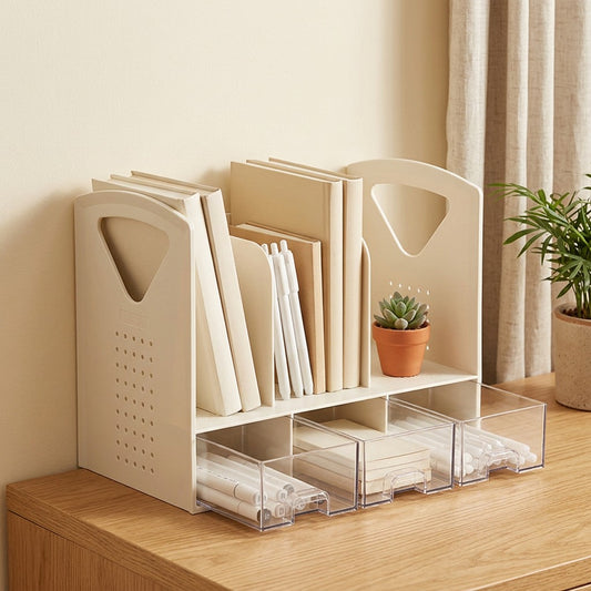 Bookdrawer™ Plastic Desktop Bookshelf With Drawer in a calm home setting