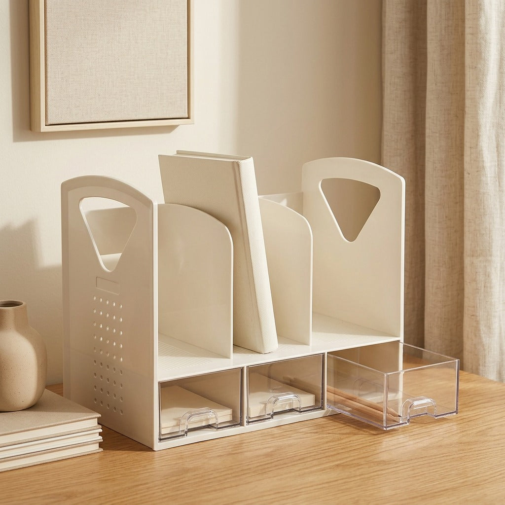 Bookdrawer™ Plastic Desktop Bookshelf With Drawer, styled close view